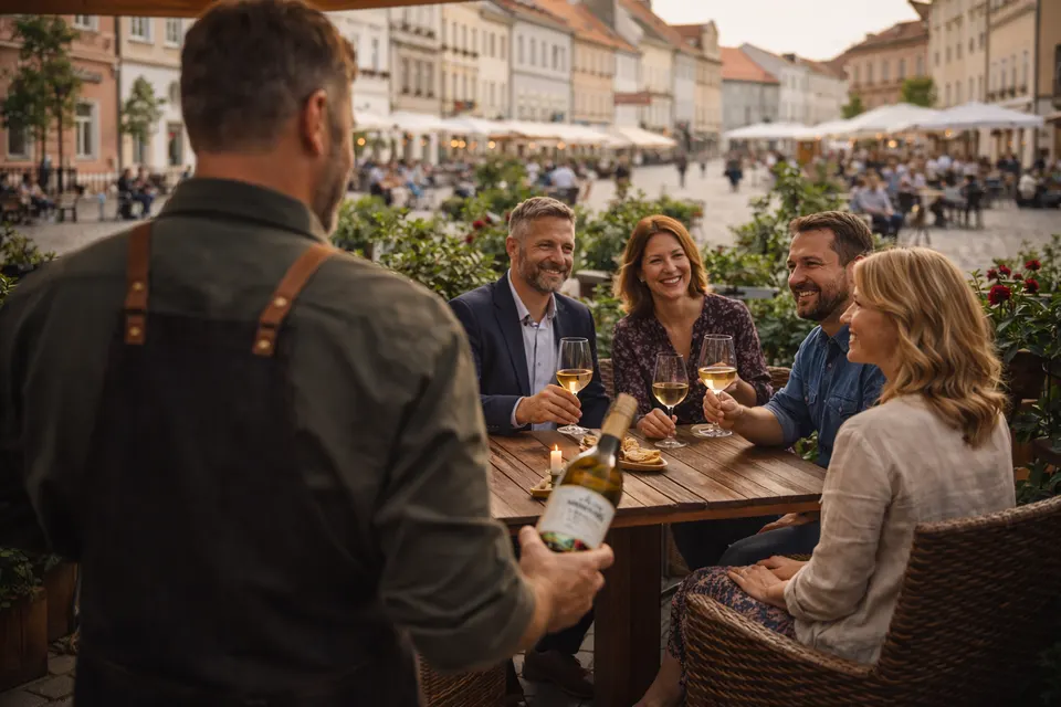 Servírování vína na zahrádce restaurace
